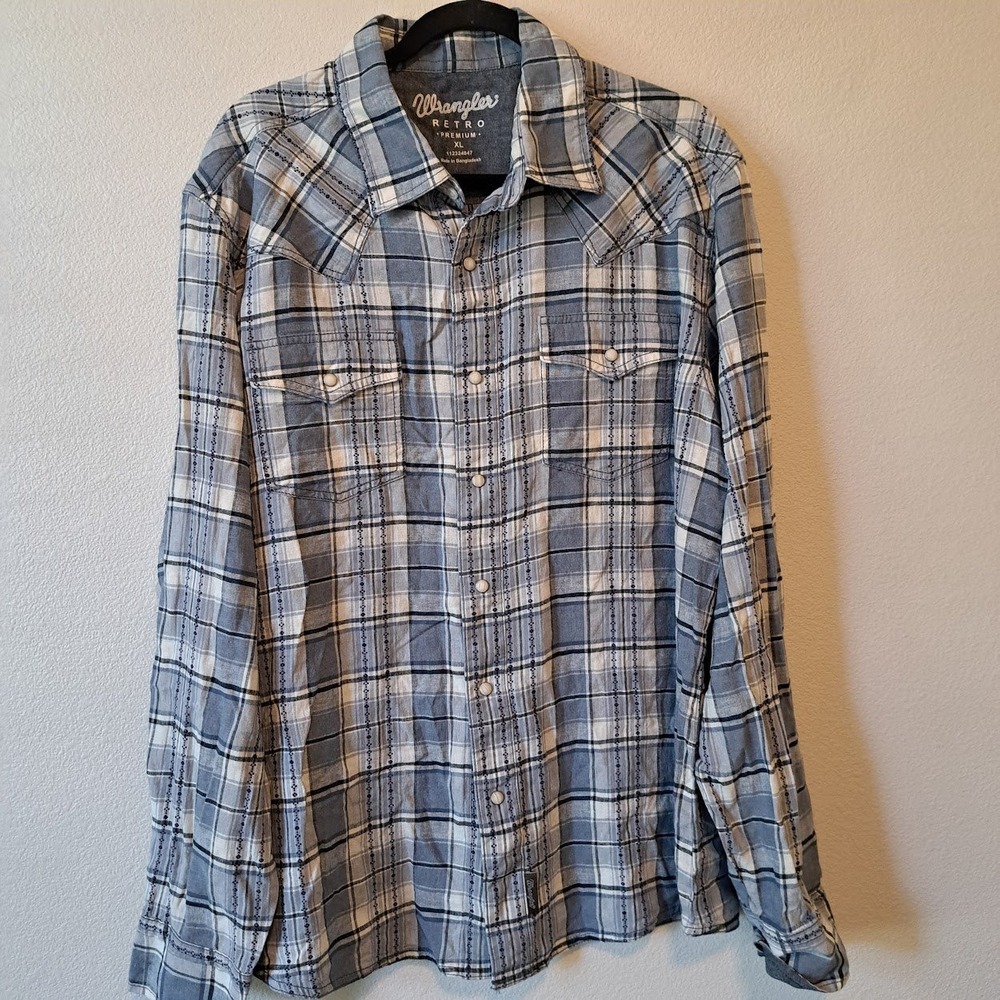 Wrangler Retro Premium Mens XL Blue Plaid Pearl Snap Western Shirt 112324847